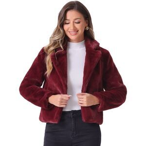 Cropped Jacket Notch Lapel Faux Fur Fluffy Coat Burgundy